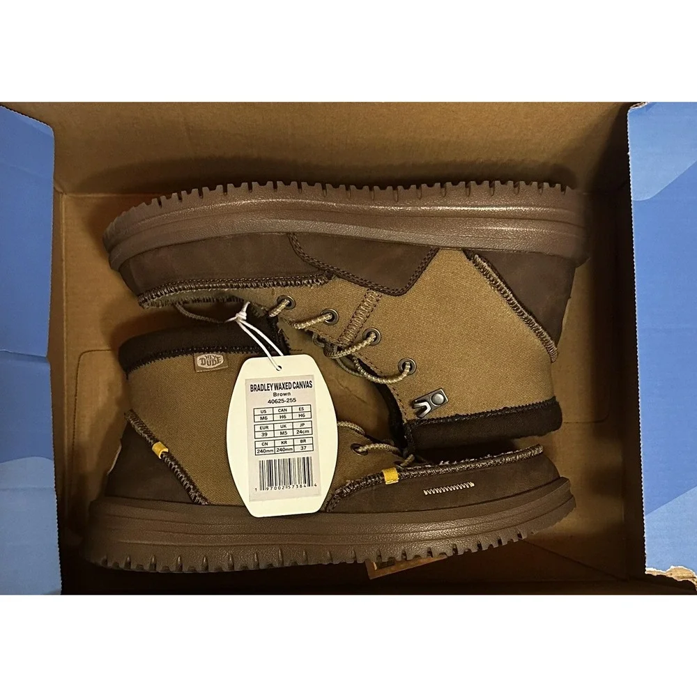 NIB Hey Dude Bradley Waxed Canvas - Brown - Mens‎ Size 6 - 40625-255 No Box Lid